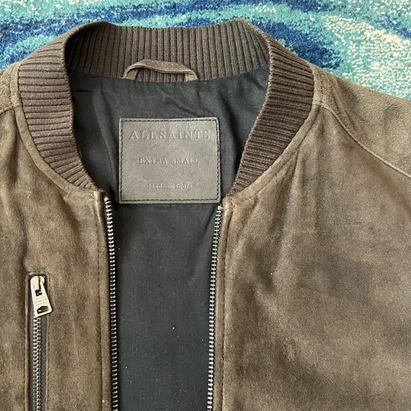 AllSaints brown suede bomber jacket with zipper detail - Picture 3 of 6